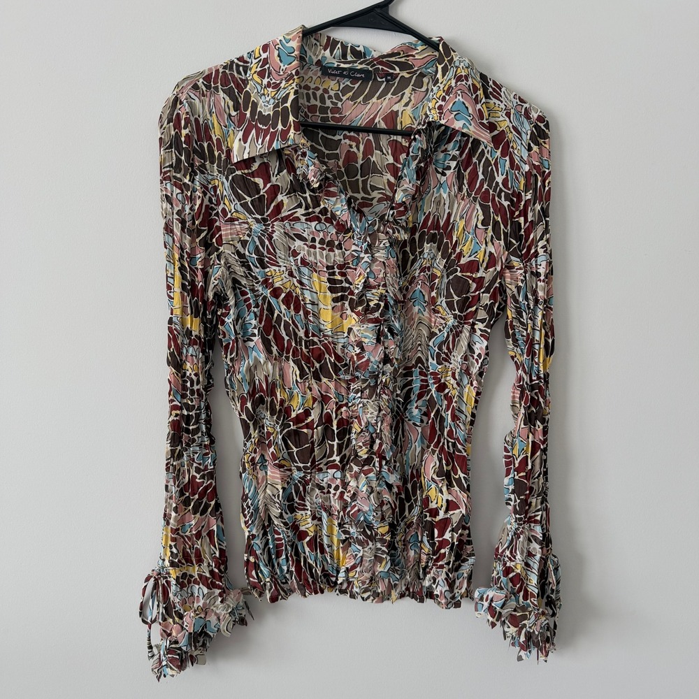 Violet & Claire Anthropologie Multicolor Crinkle Fringe Blouse MED Button Down